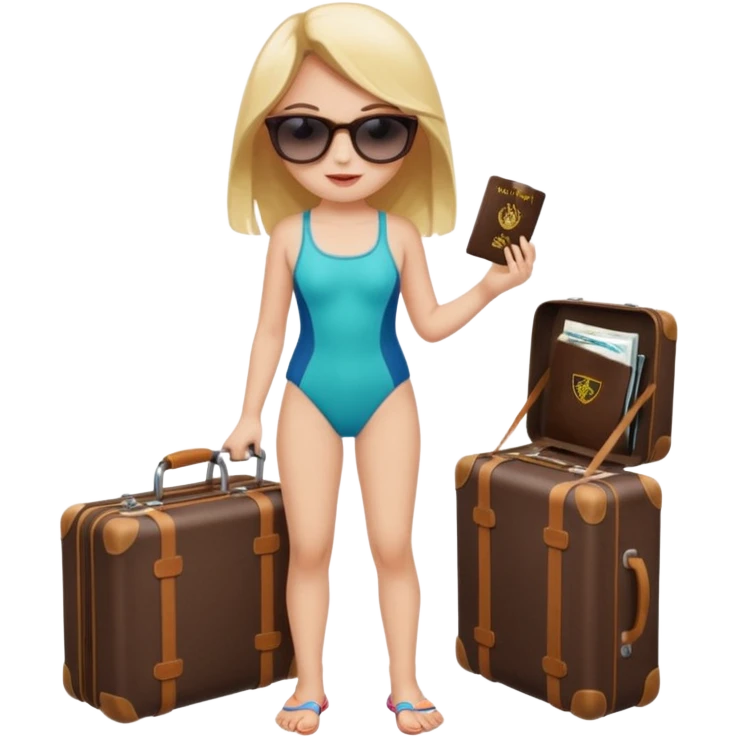 Девушка в путешествии, рядом чемодан, паспорт, очки и купальник  emoji