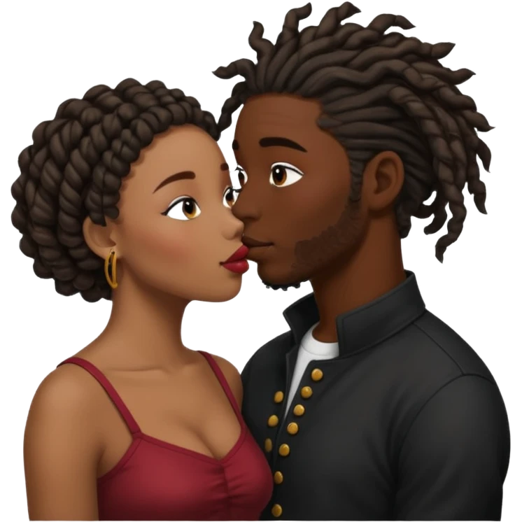 black boyfriend with dreadlock kissing black girl with curly bun emoji