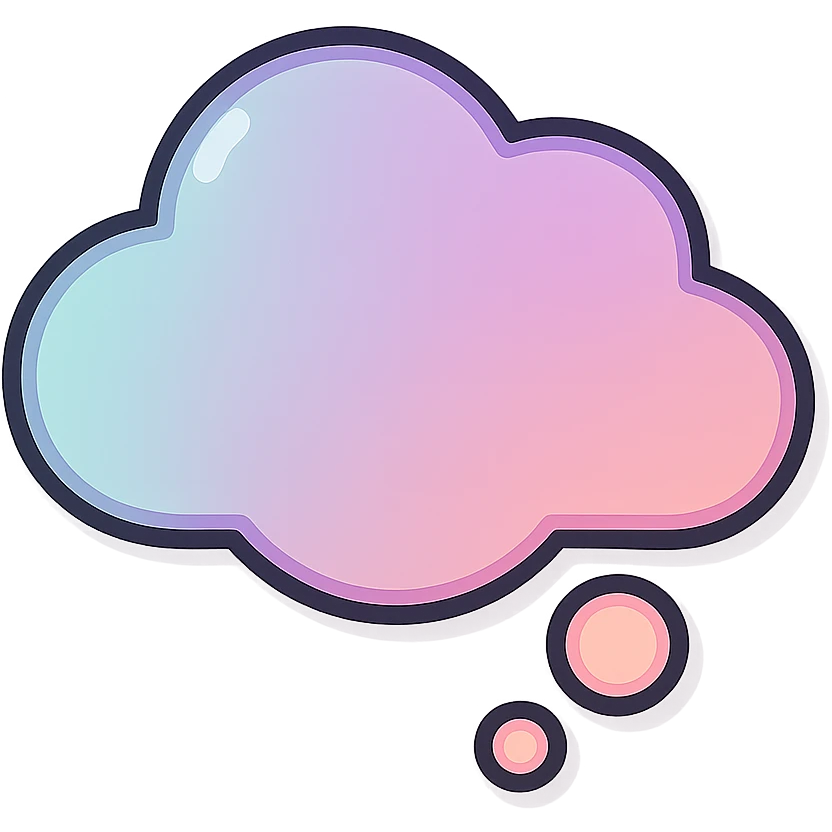 thought cloud with gradient fill, well detailed, detailed shadows and highlights, thin clean contours, soft rounded shapes, pastel palette #98B5BC, #B5B3C1, #C9A3C9, #E4C0CA, #F7DCD1, #F7C0AA, modern Japanese pop art and sticker aesthetic, soft lighting, transparent background emoji