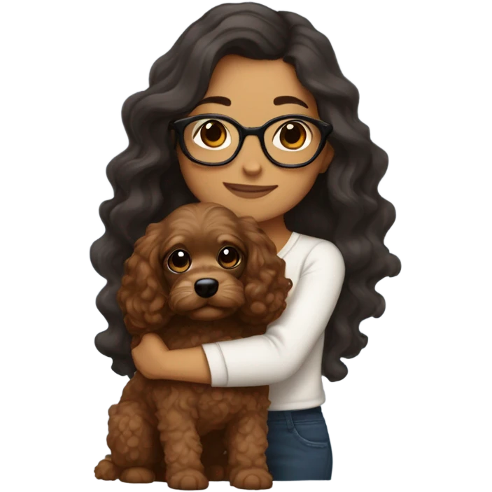 Latina girl with glasses and dark long wavy hair hugging a brown cavapoo emoji