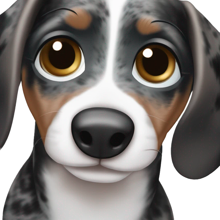 Black merle mini dachshund with one blue eye and one brown eye emoji