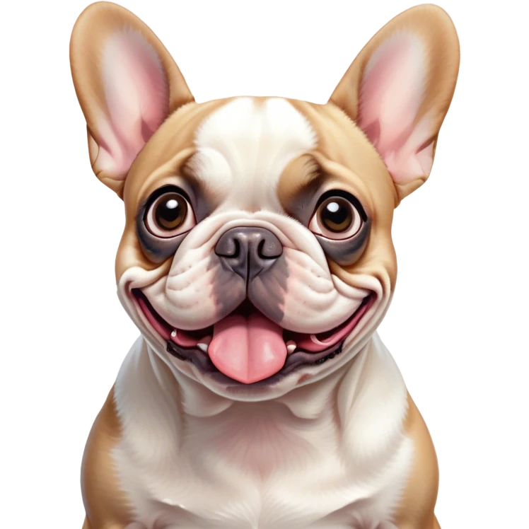 Cinematic Comical Pied French Bulldog Portrait Emoji, Head tilted with an exaggeratedly shocked, comical expression and wide, humorously expressive eyes, showcasing a distinctive pied fur of contrasting hues and a charmingly goofy face, simplified yet hilariously detailed, glowing with a sassy, playful radiance, high shine, exuding a mischievous and meme-worthy charm, styled with a soft glowing outline, capturing the essence of a Pied French Bulldog that looks ready to spark a viral laugh! emoji