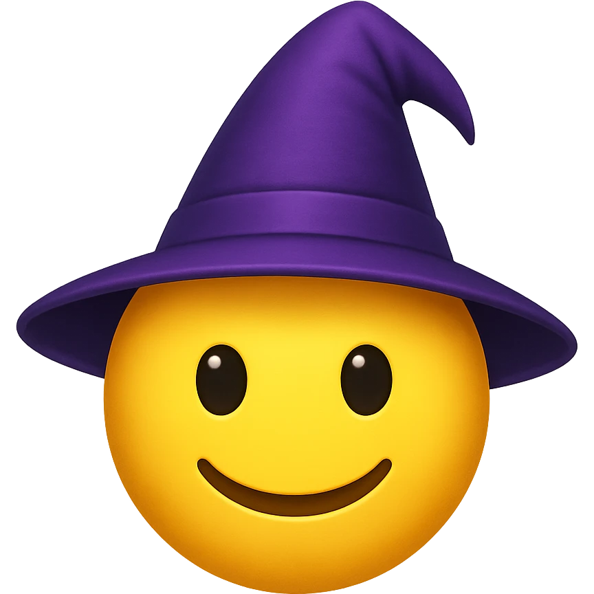 yellow face with purple wizard hat emoji, digital illustration emoji