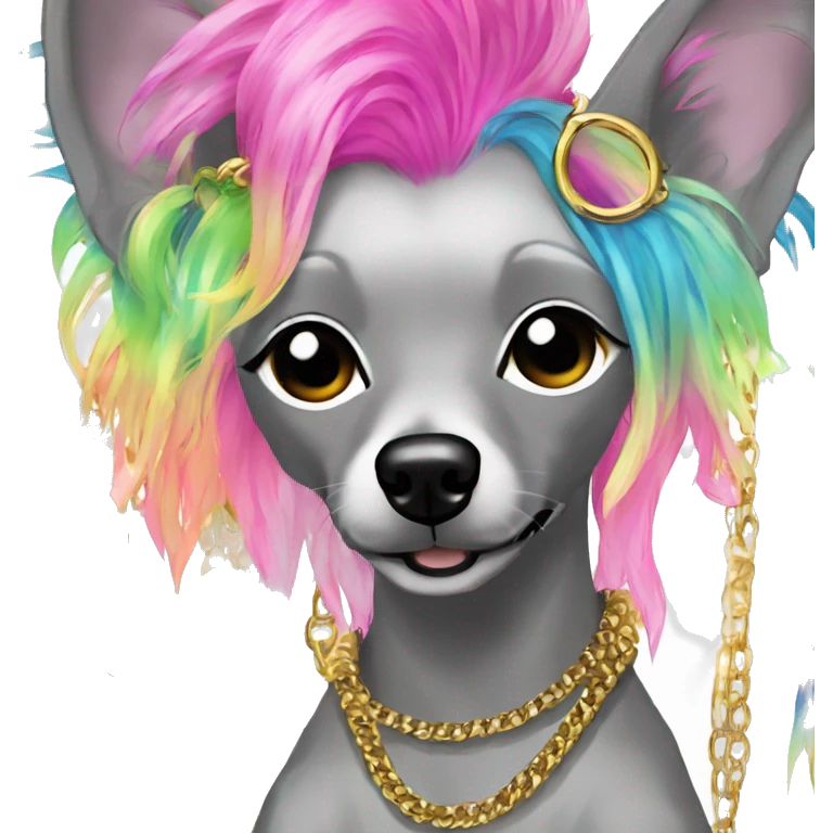 Punk Chinese crested dog neon rainbow hair gold chain piercings tattoos ear piercings emoji