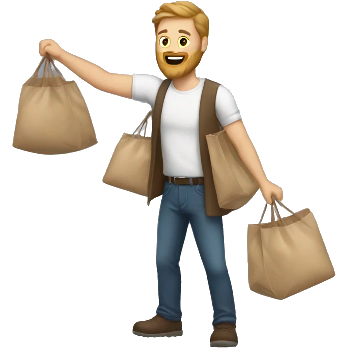 White man with brown beard throwing bags emoji