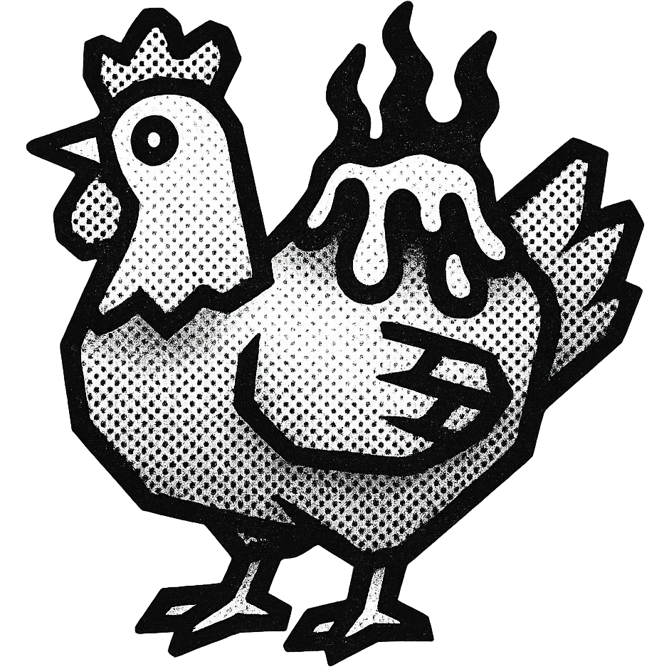 charcoal style illustration of a chicken with lava on its back emoji