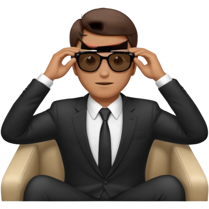 white man with brown hairs in formal suit wearing sunglasses resting with hands behind head emoji