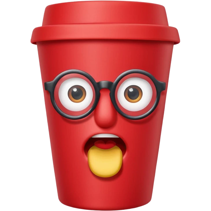 paper red cup and straw, the cup has eyes and mouth and glassess emoji