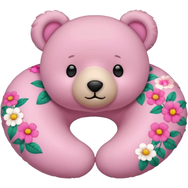 pink teddy bear wearing a floral neck pillow, simple and cute, no text emoji