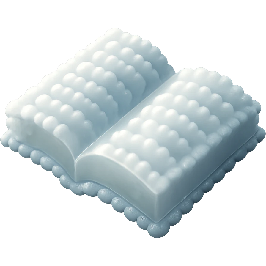 top view of a thick open book made entirely of small, very bright white fluffy convex clouds, matte glass style emoji