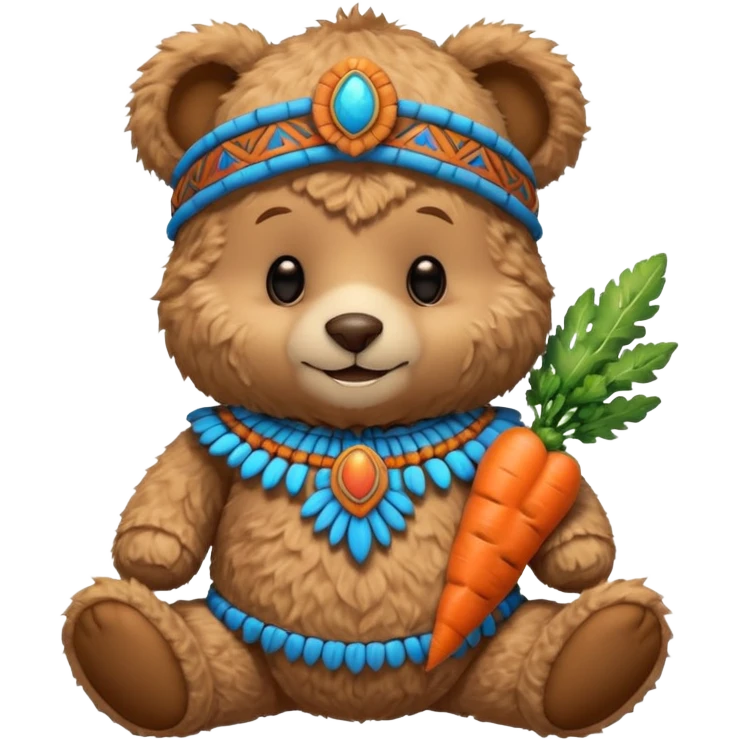 teddy bear half body, wearing blue mayan ancient custome, with carrot half body emoji
