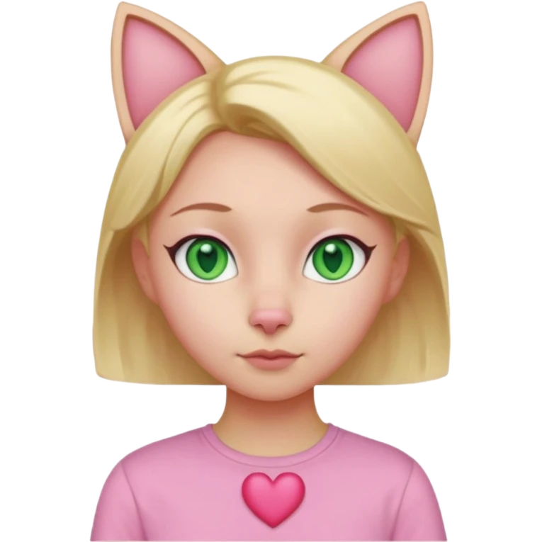 Squareded Ears Pink Skin Green Eyes Cat Shaped Pupils Heart Shaped Forehead Blonde Haired Pink Shirt  emoji