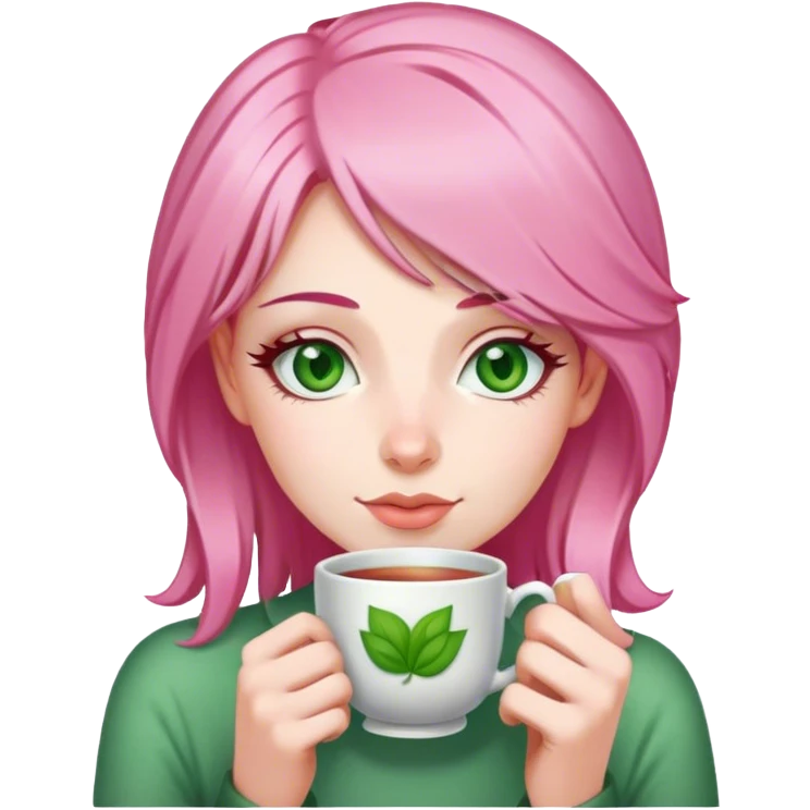 Pink haired woman with green eyes drinking a cuppa tea  emoji