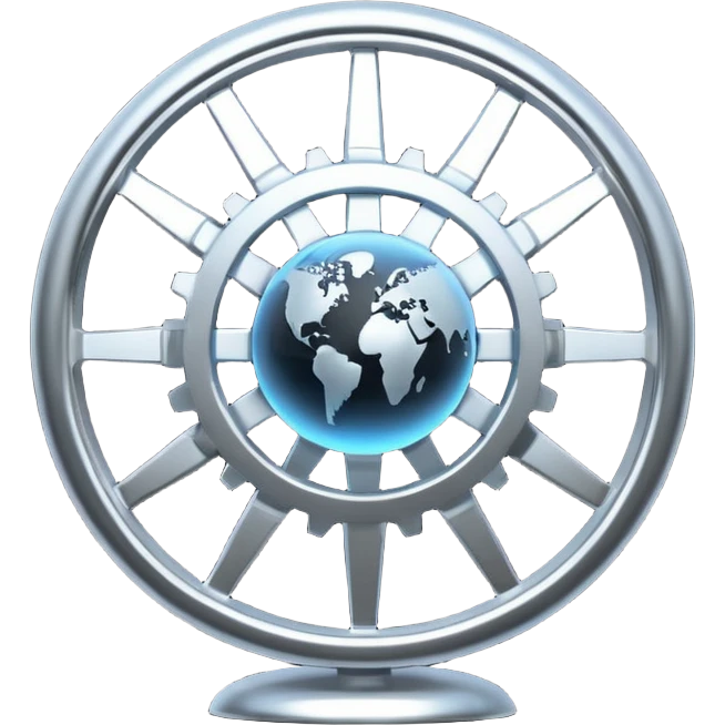 Minimal black line icon of a gear and globe, with circuit-style connected nodes, flat vector style, thin stroke, white background, representing global system configuration and connectivity. emoji