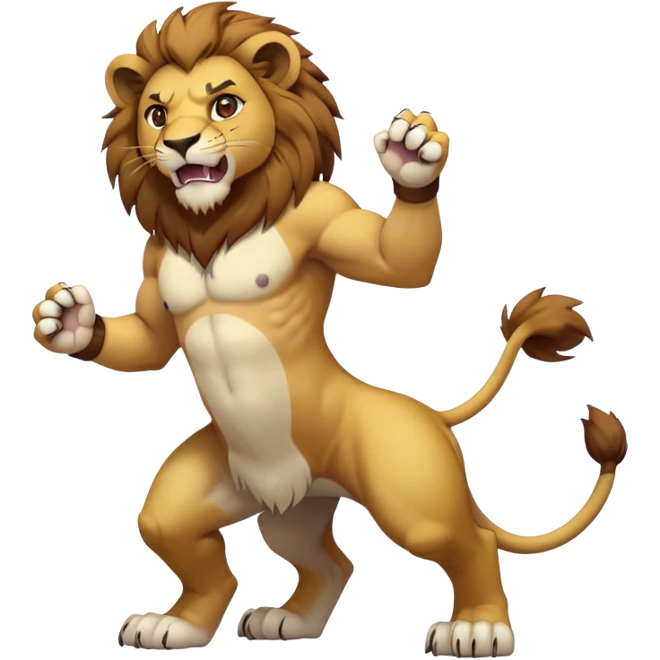 transparent_background, full_body, abs, solo, muscular, lion, no_humans, pokemon_(creature), fangs, standing, brown_eyes, male_focus, looking_at_viewer, 1boy, open_mouth, tail, clenched_hands, furry, navel emoji