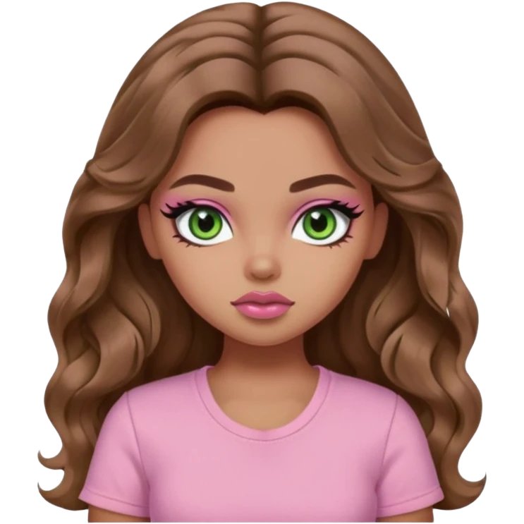 long wavy brown hair, light skin, light green eyes, pretty bratz baddie, black eyeliner, blush, pink shirt emoji
