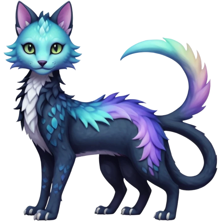 Kawaii black pastel iridescent beautiful pretty elegant divine edgy fantasy feline-vernid-sergal-fursona animal creature with a tufted tail full body with intricate markings  emoji