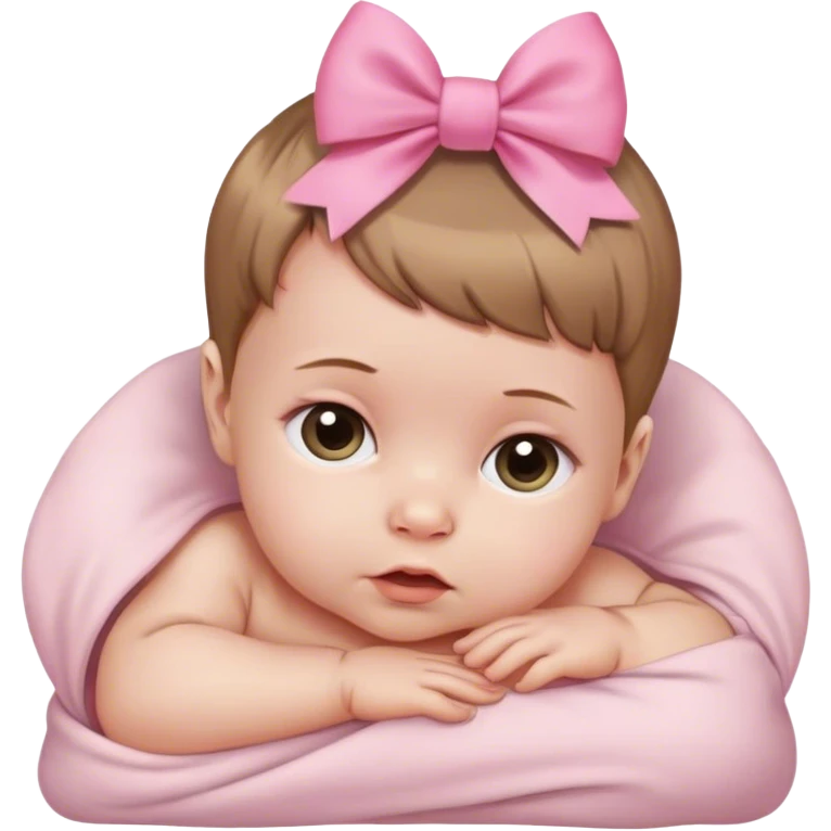 White newborn baby with very short light brown hair and pink bow emoji