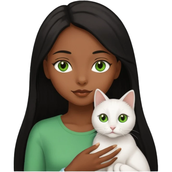 black girl with brown eyes with straight long black hair with a side part.  holding a female white cat. the cat has green eyes emoji