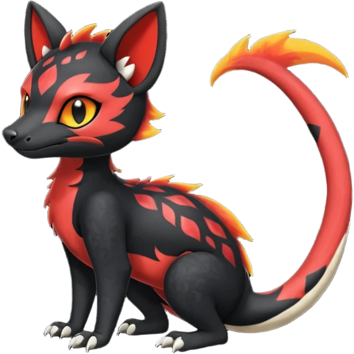 Rare realistic cute gothic Salandit-Litten-Quilava-Genet-species-Fakemon-hybrid-creature, with fiery markings, full body emoji