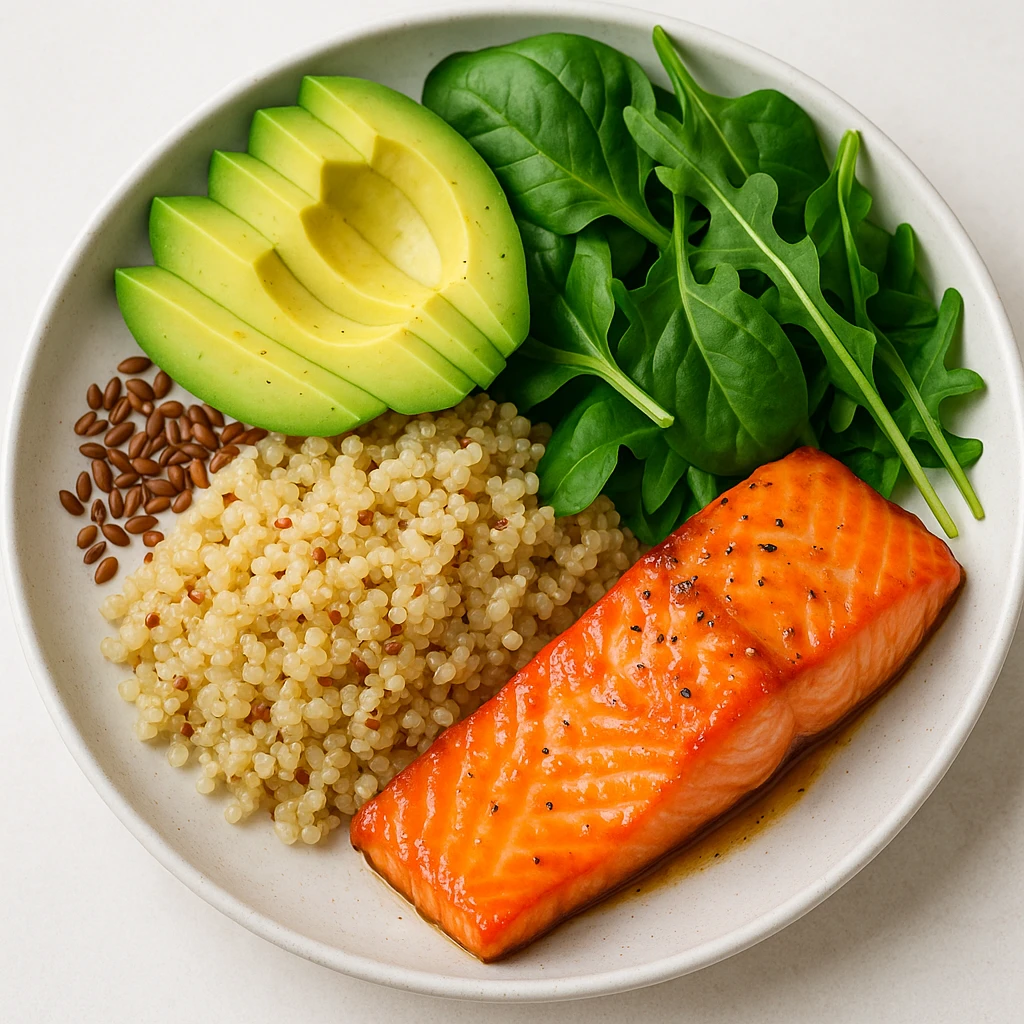 close-up of a balanced plate with salmon, quinoa, avocado, leafy greens, flax seeds, food photography style, vibrant colors, light background emoji