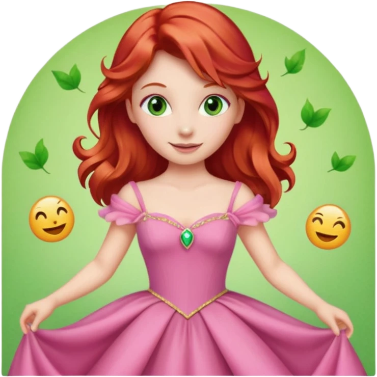 Aurora princess, classic fairytale style, red hair, pink gown, gentle smile, green amber eyes, twirling, emoji style emoji