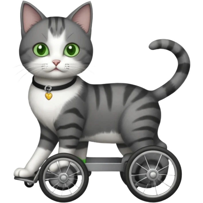 full body small short hair dark grey and white cat with green eyes walking in a wheelchair for cats emoji