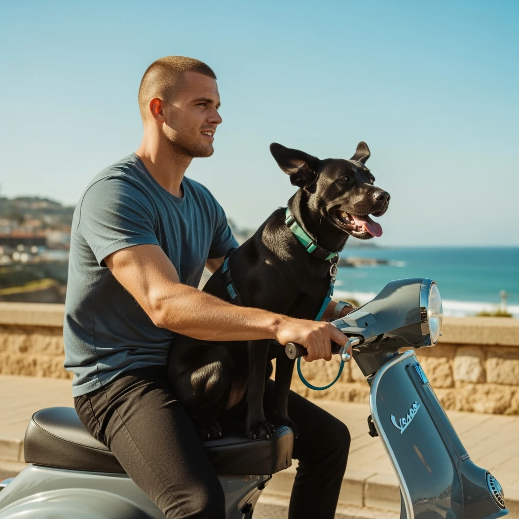 man and his pet dog riding a vespa emoji