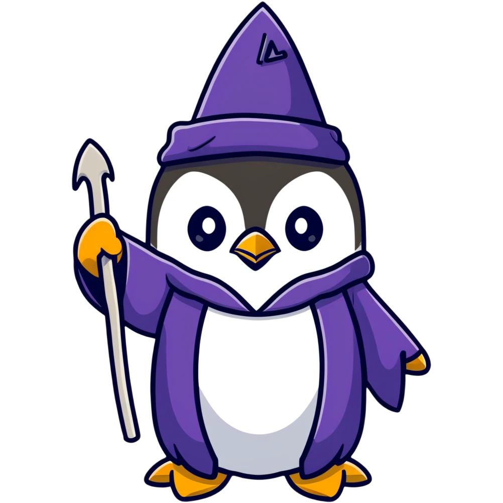 A penguin wizard with a long white beard, wearing wizard robes and conjuring magic from its flippers emoji