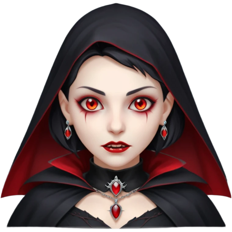 vampire village woman portrait, head and shoulders only, dark gothic cloak collar, sharp fangs, red glowing eyes, elegant yet eerie expression, subtle jewelry, 3D cartoon, mobile game icon style, clean background, no text, no watermark emoji