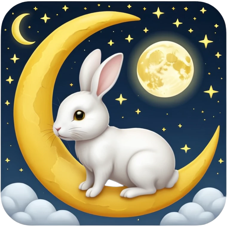 a white bunny in the foreground (no small details) and a large crescent moon in the background

minimal art versions please 2 colours, white and yellow emoji