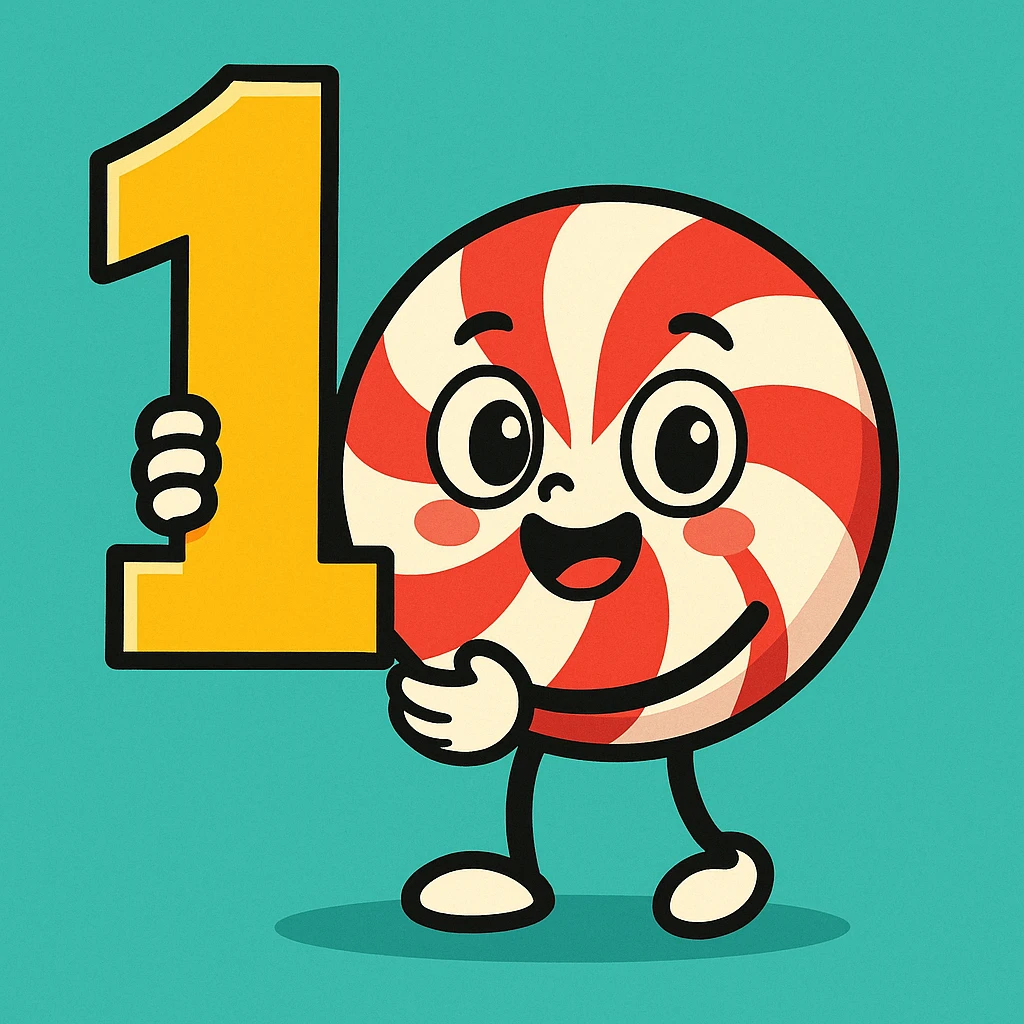 cute peppermint candy holding a number one, cartoon style emoji
