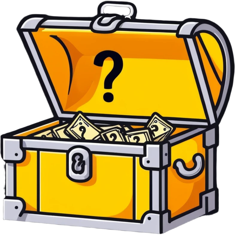 treasure chest peeking out from behind a question mark, playful and mysterious emoji