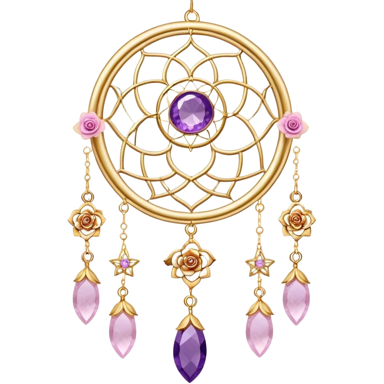 Epic beautiful gorgeous cute gold dream-suncatcher, threads with shiny sparkly amethyst and rose-quartz gemstones, flowers, crescents-moons emoji