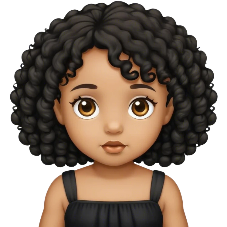 light brown skin baby girl with black curly hair, black dress emoji