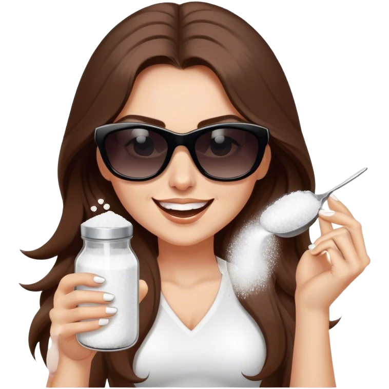 sassy woman with long brown hair and dark sunglasses holding a salt shaker filled with white table salt. She is shaking and sprinkling the salt. She is smirking.  emoji