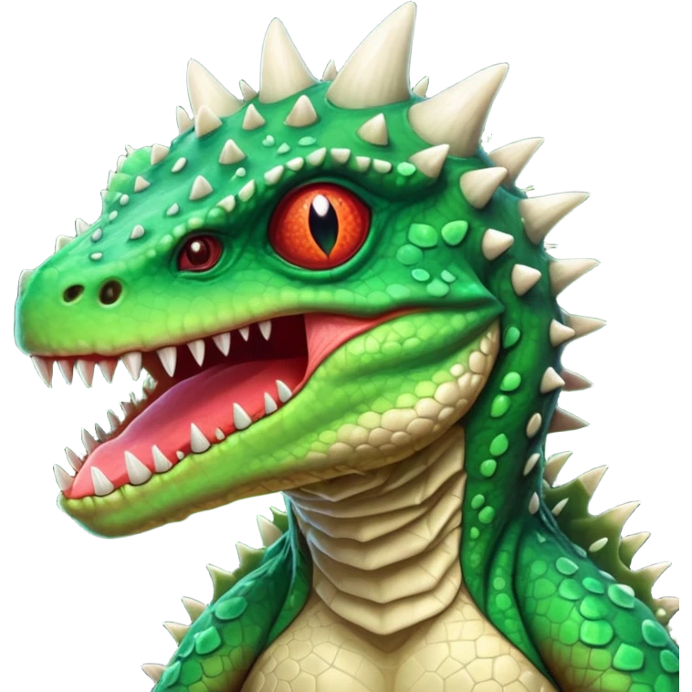 poisonous mushroom reptile monster portrait, head and shoulders only, lizard-like face, spiky mushroom growths, toxic green glow, creepy tongue, fantasy animal vibe, 3D cartoon, mobile game icon style, clean background, no text, no watermark

 emoji