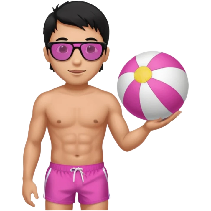 Hawaiian male with black hair with pink highlights and a swim short, with beach ball with sunglasses emoji