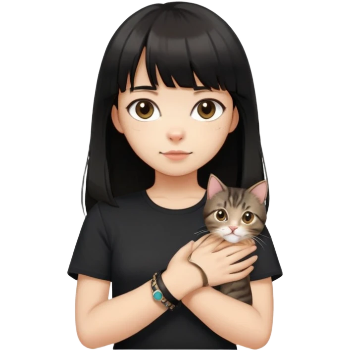 A girl with black long hair and bangs, wearing a black short-sleeved shirt, a brown bracelet on her right wrist, white skin, holding a tabby cat, the cat is standing upright emoji