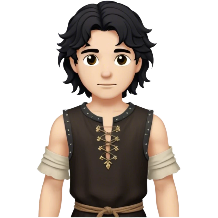 medieval summer outfit worn by a DnD themed fantasy male character. basic sleeveless hemp tunic with a reinforced collar and a crude stitch pattern. clothes only above the waist. The clothes full waist. The character's haven't arms. character is white-skinned, jet black hair, brown eyes, medium-length wavy hair. emoji