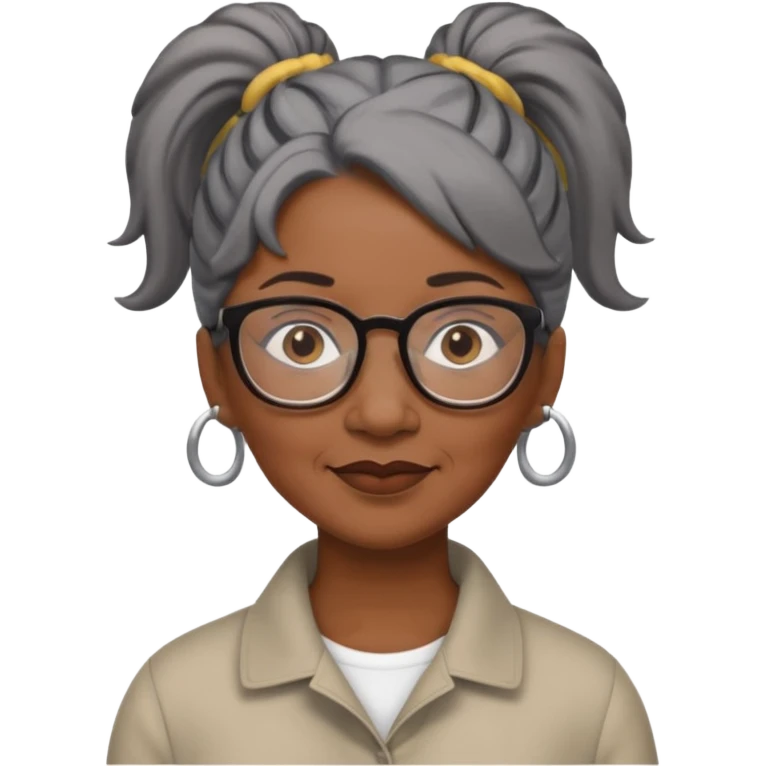 emoji of a black older women with black and gray hair in a ponytail with glasses and brown eyebrows emoji