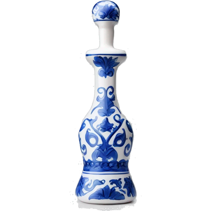 The Clase Azul Tequila bottle is tall and hourglass-shaped, with a wide base that tapers towards the neck. Its white ceramic body is decorated with cobalt blue floral designs, and it’s topped with a complete gray, bell-shaped stopper that curves inward  emoji