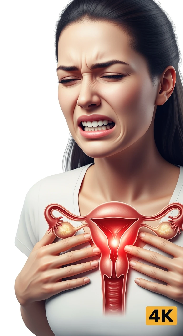 donna con utero umano realistico in evidenza dolorante, espressione di dolore in volto, sfondo bianco, non farla computerizzata, ma iperrealistica 4k emoji