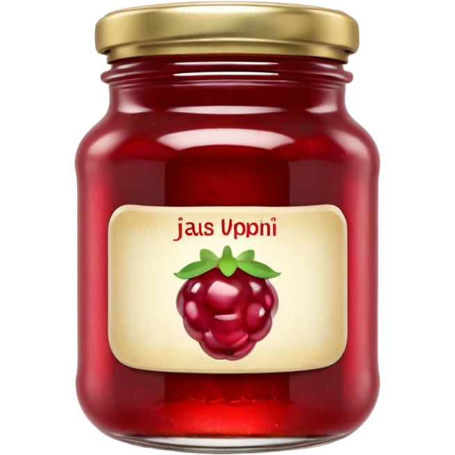 small glass jar filled with vibrant red or purple jam, thick texture, visible fruit bits, metallic or gingham lid, small blank label, 3D, clean, soft lighting, glass reflections, soft shadows, no anthropomorphic features, transparent background, emoji scale emoji