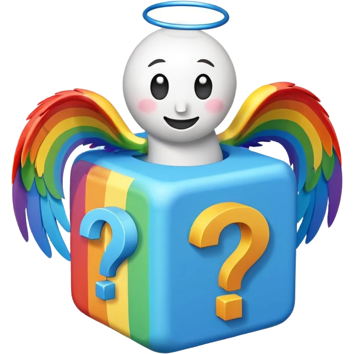  mainly blue and rainbow, the blue being the block itself. The rainbow parts are question marks, corner and smile. It has 2 white wings on each side like the other Lucky Blocks. emoji