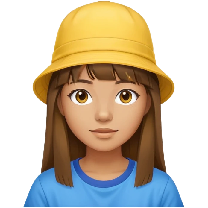 Young woman, bucket hat, tan skin tone, long brown hair with fringe, yellow T shirt with blue sleeves emoji