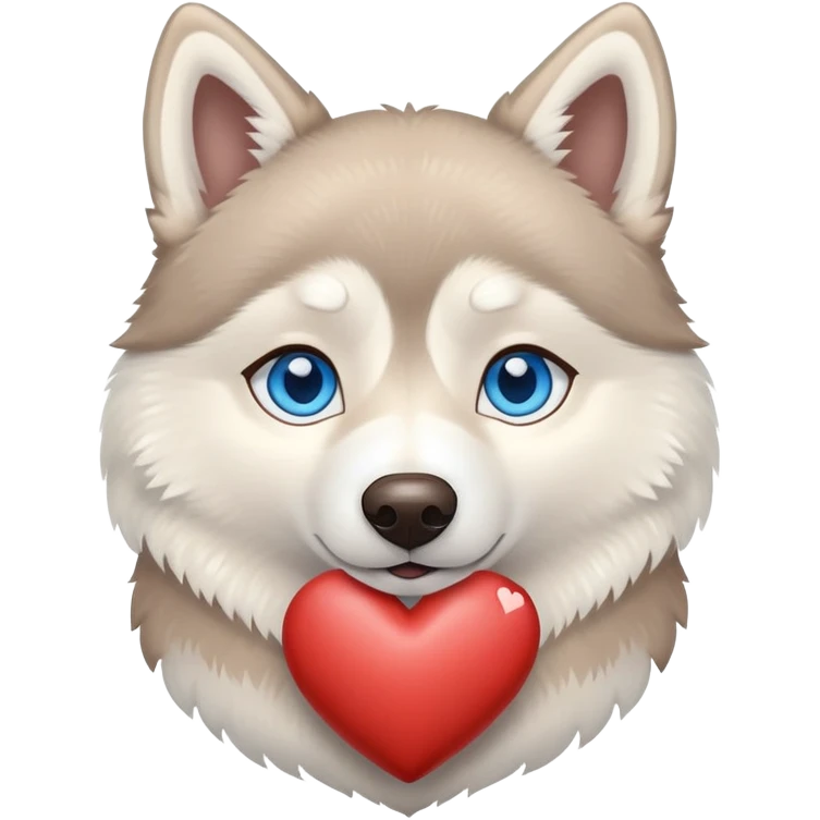 Beige husky with blue eyes holding a brown heart emoji
