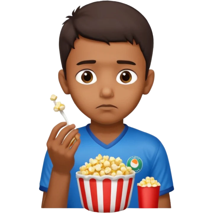 an indian boy wearing INDIAN cricket jersey and eating popcorn and looking sad emoji