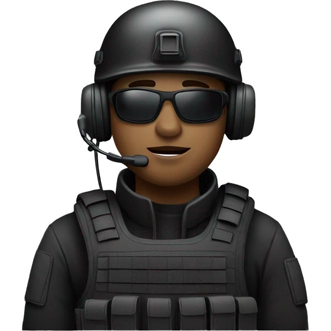 Military operator dressed in black with a helmet wearing a headset, ready to respond to alerts emoji