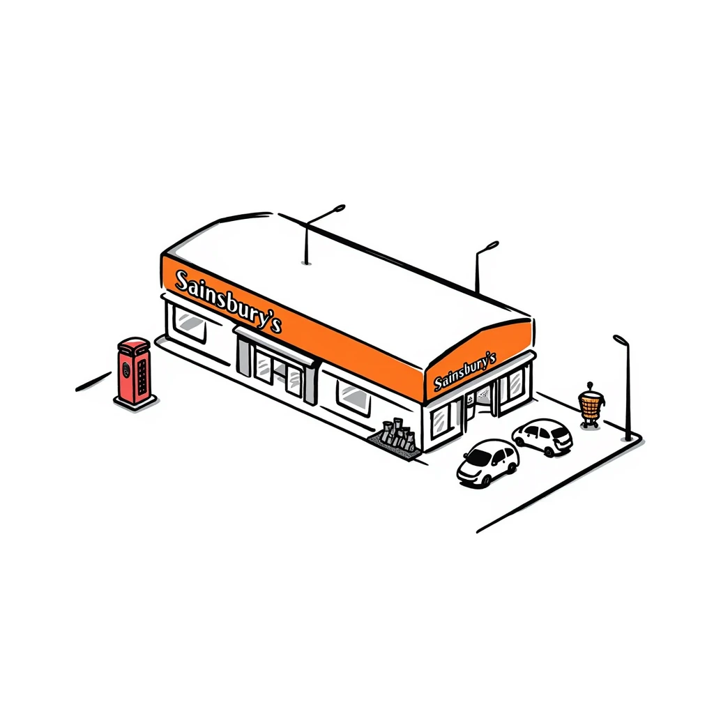 Isometric British Sainsbury's supermarket building with orange signage, car park, shopping trolley bay, and red telephone box nearby emoji
